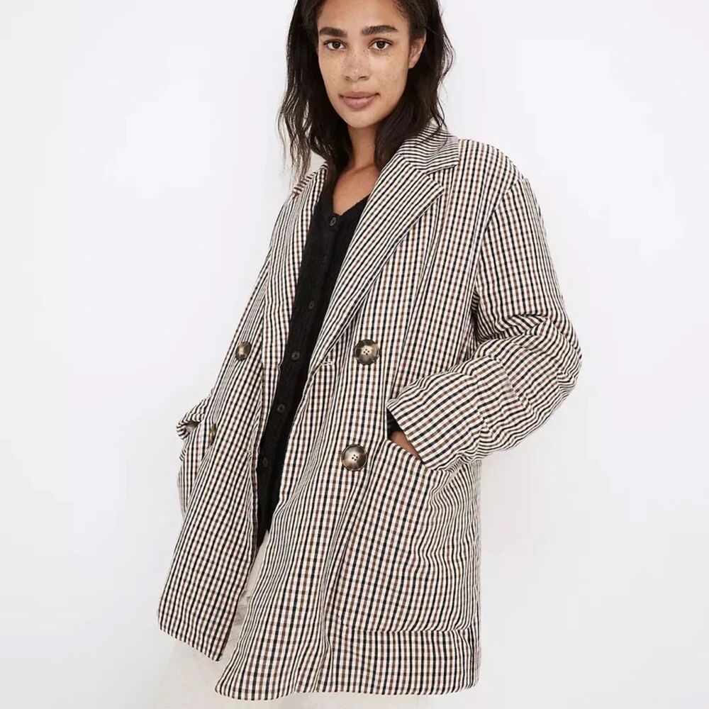 Madewell Quilted Plaid Insulated Blazer Jacket Shacket Black White Small